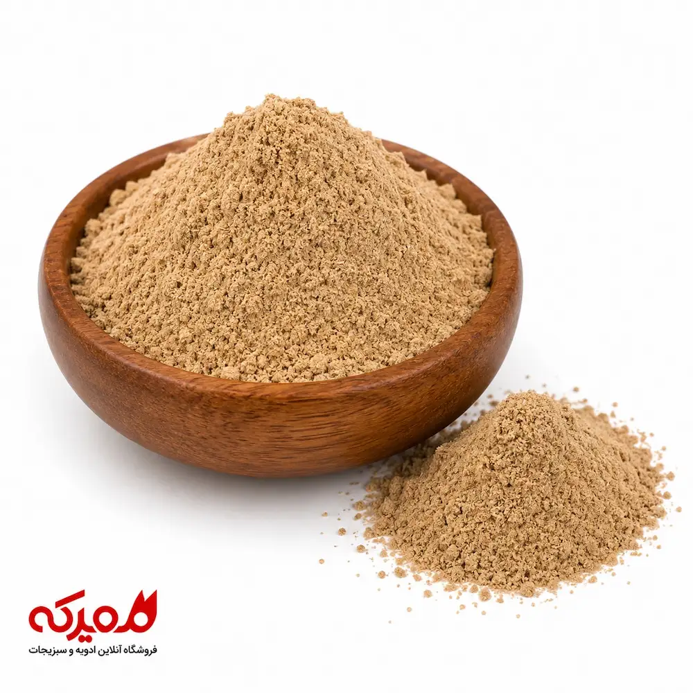 925BD1A4-8BF0-41A9-89B4-CE5C98769E61.png ظرف حاوی پودر ریشه جوز هندی با بافت نرم و رنگ طبیعی